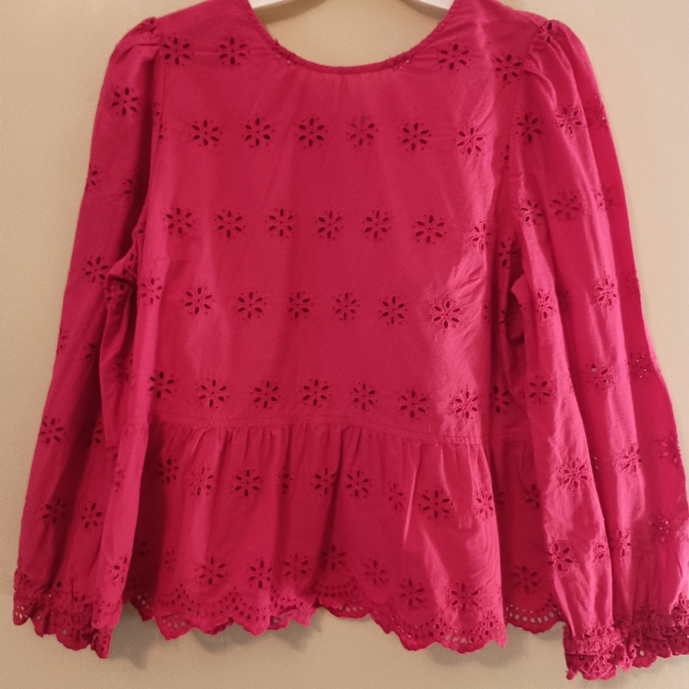 Madewell Top Peplum Blouse Eyelet Red Womens Size Medium Back tie Keyhole Casual - Picture 1 of 9